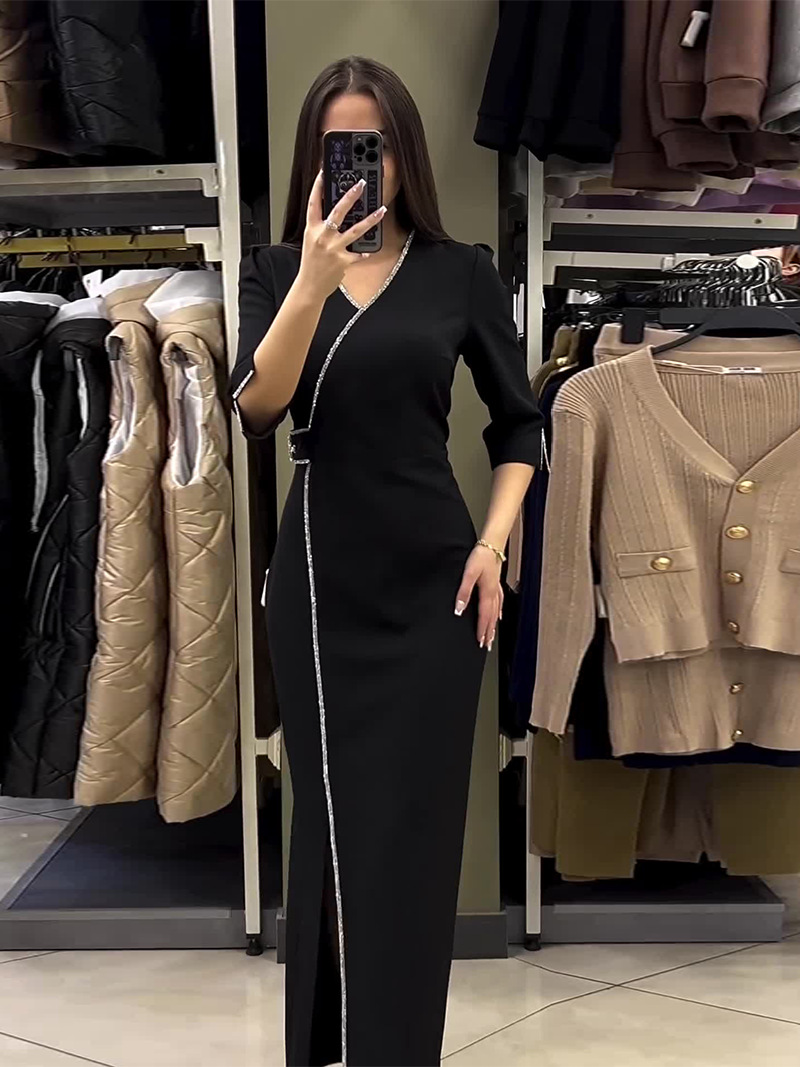 Elegant V-Neck Sequin Trim Slit Maxi Dress (Buy 2 Free Shipping)