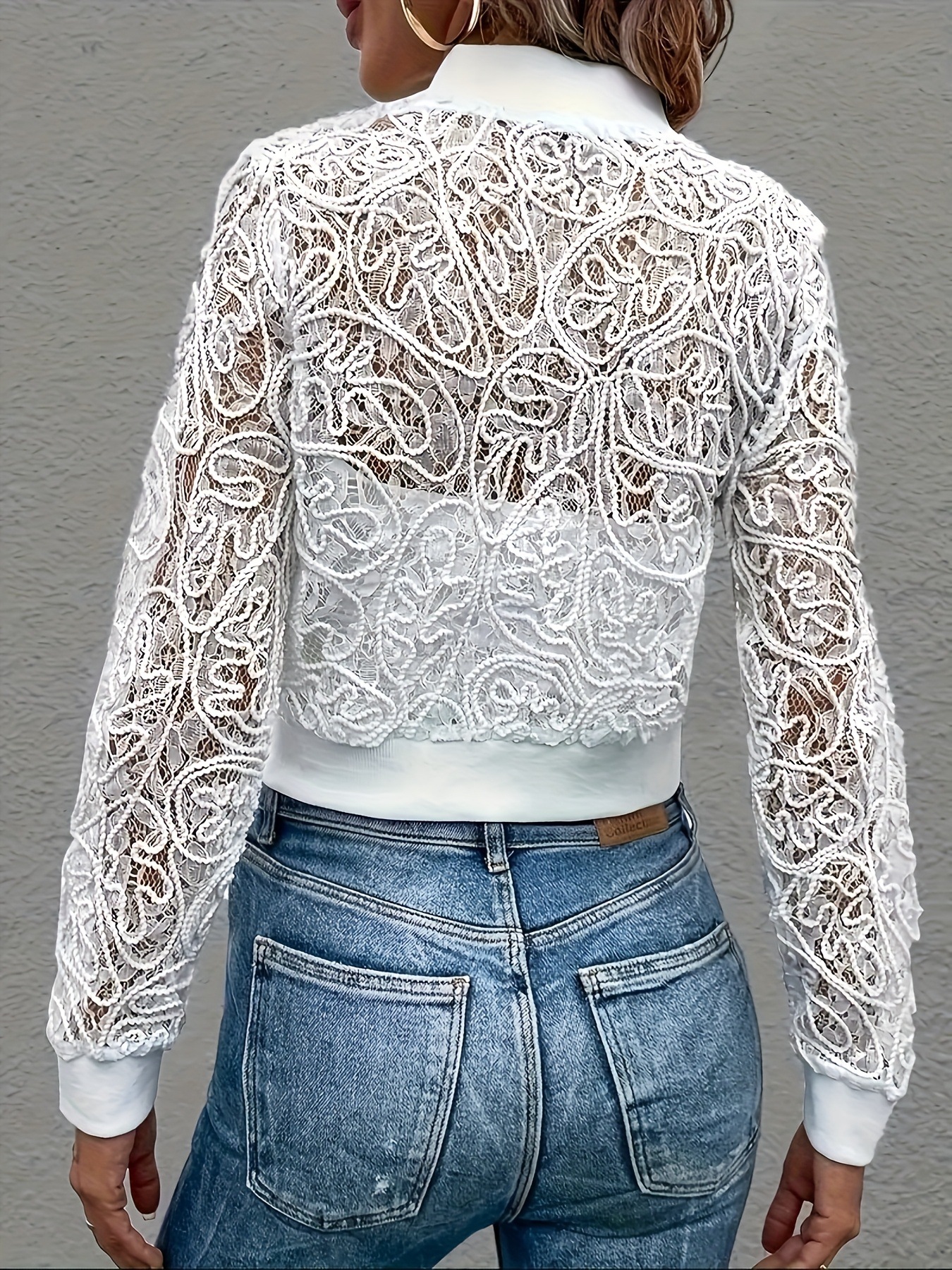 Elegant Lace Mesh Zip Front Cropped Jacket