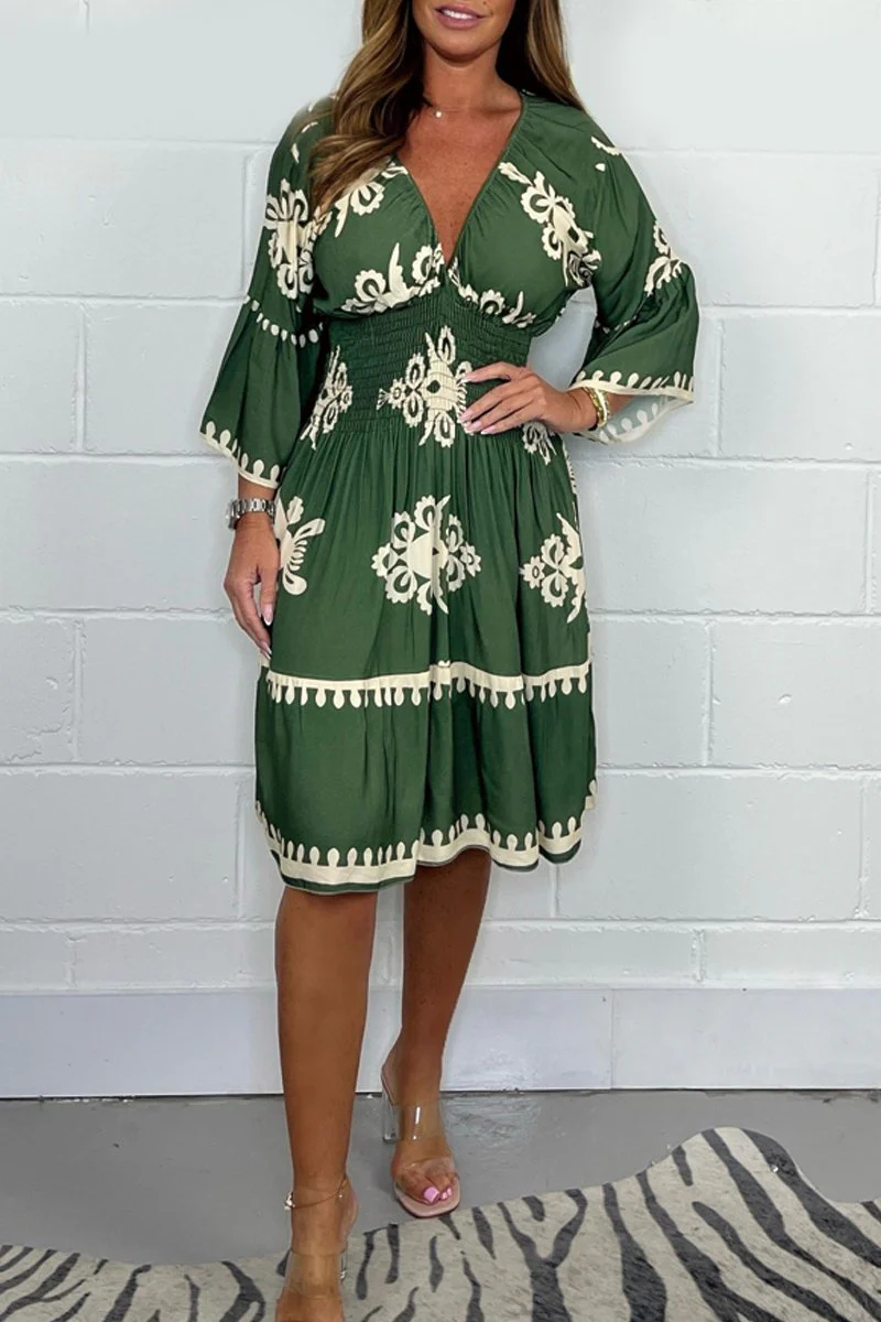 Tribal Embroidered Smocked Waist V-Neck Knee Dress 
