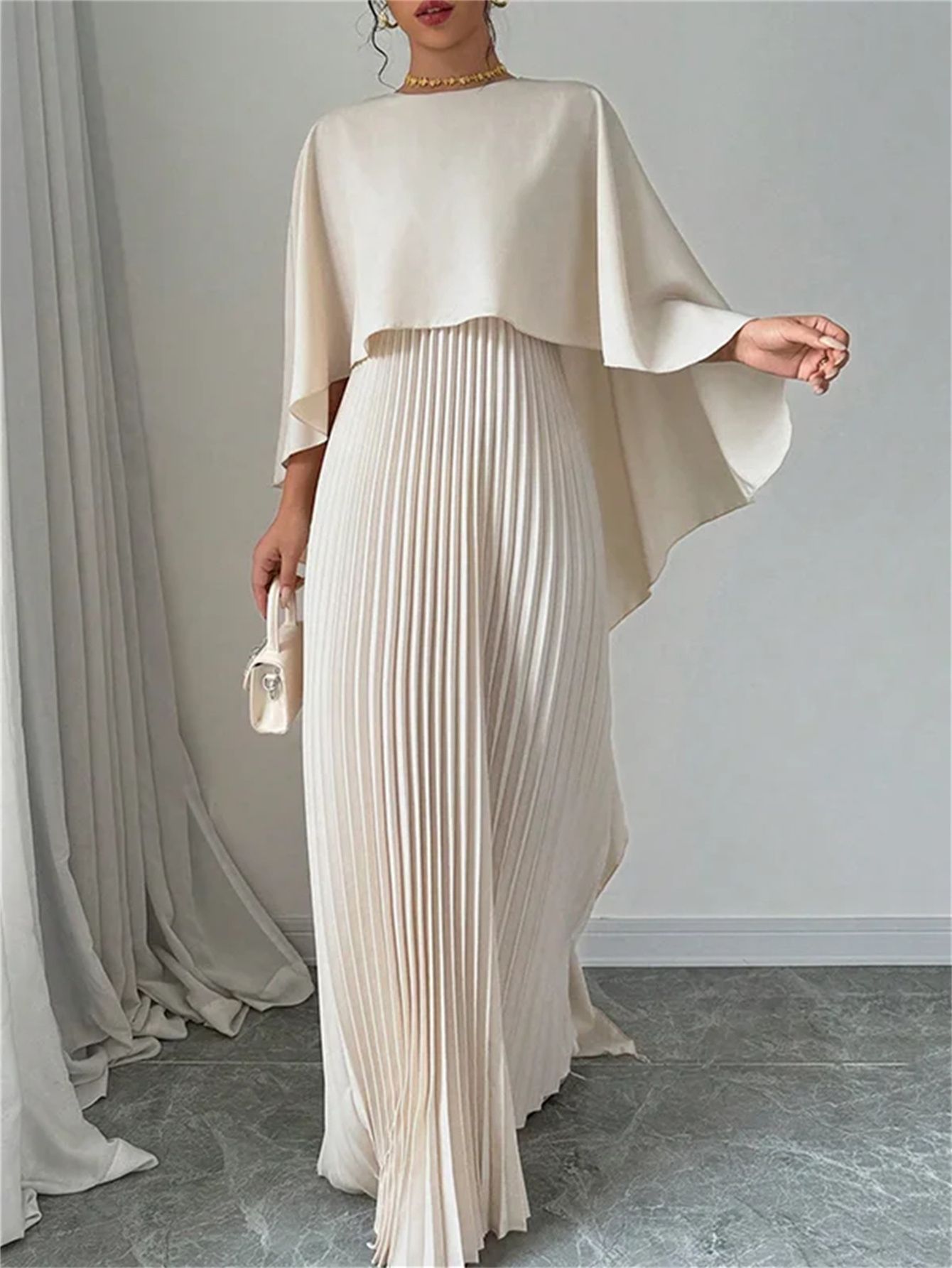 Elegant Cape Overlay Pleated Maxi Dress (Buy 2 Free Shipping)