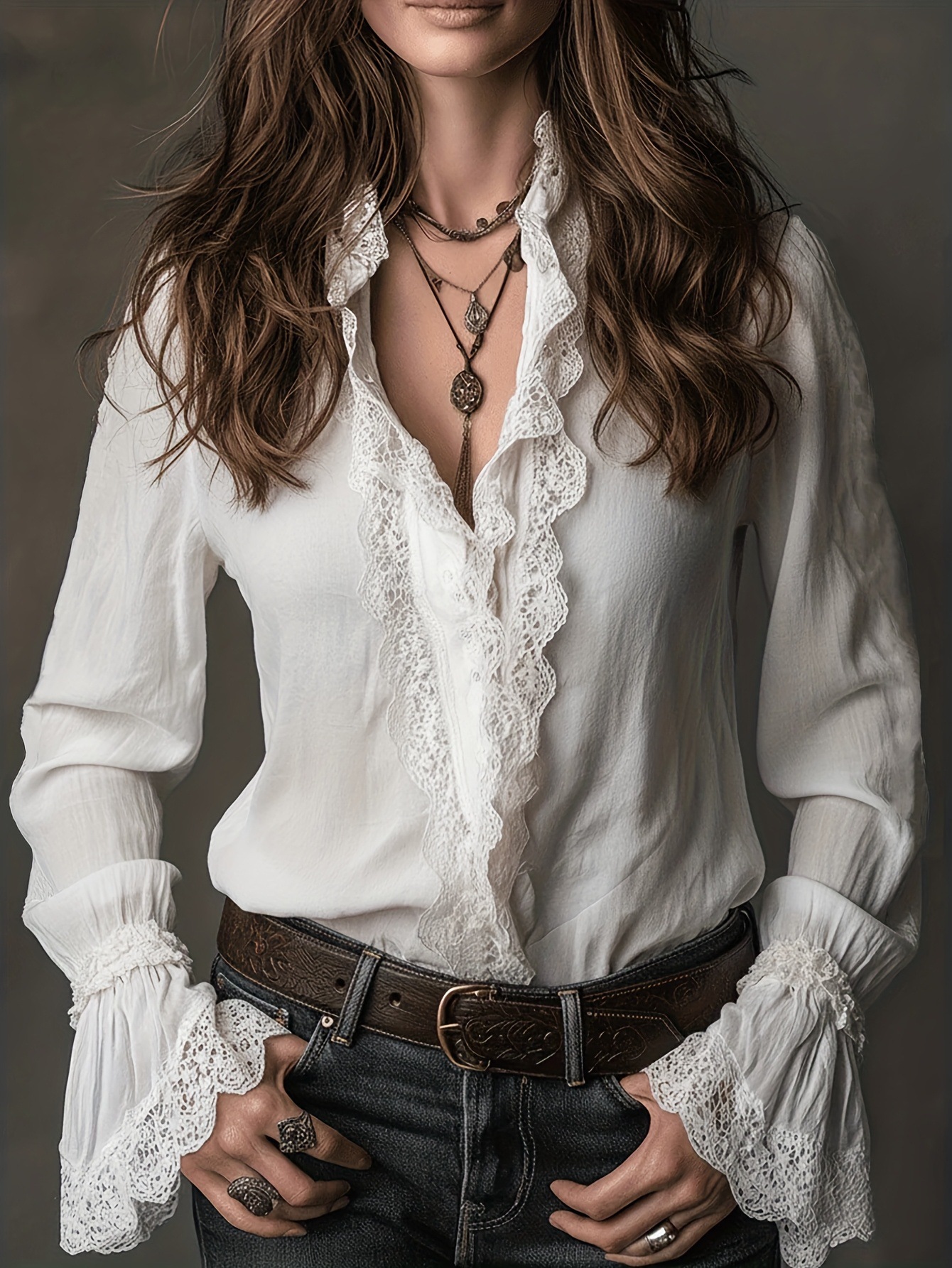 Romantic Lace Trim Ruffle Neck Elegant Long Sleeve Blouse