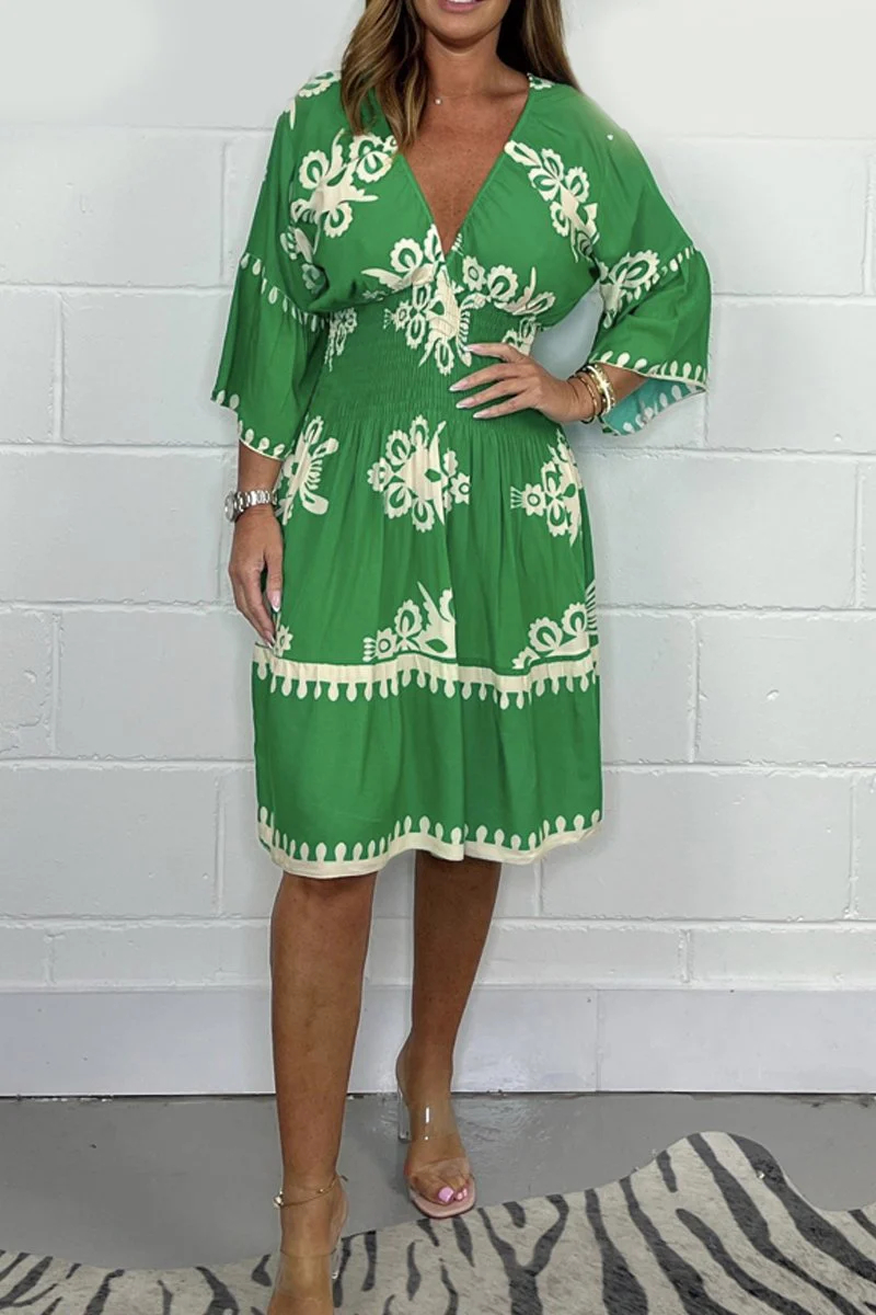 Tribal Embroidered Smocked Waist V-Neck Knee Dress 