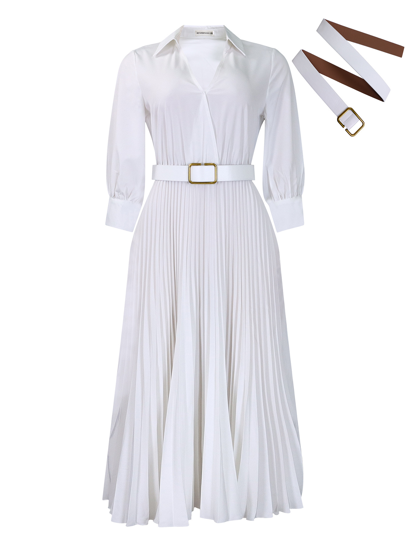 Chic V-Neck Belted Pleated Midi Dress with Puff Sleeves