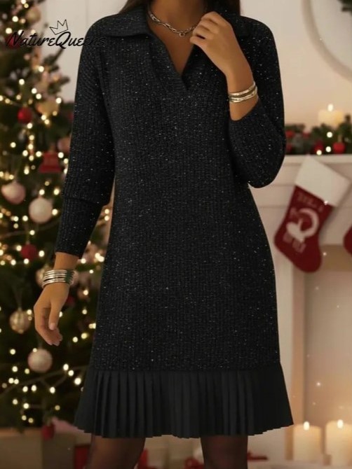 Elegant Sparkly Knit Dress with Pleated Hem (Buy 2 Free Shipping)