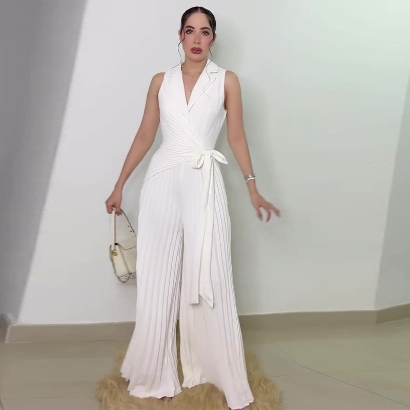 Lapel Top & Wide Leg Pleated Pants Jumpsuit (Buy 2 Free Shipping)