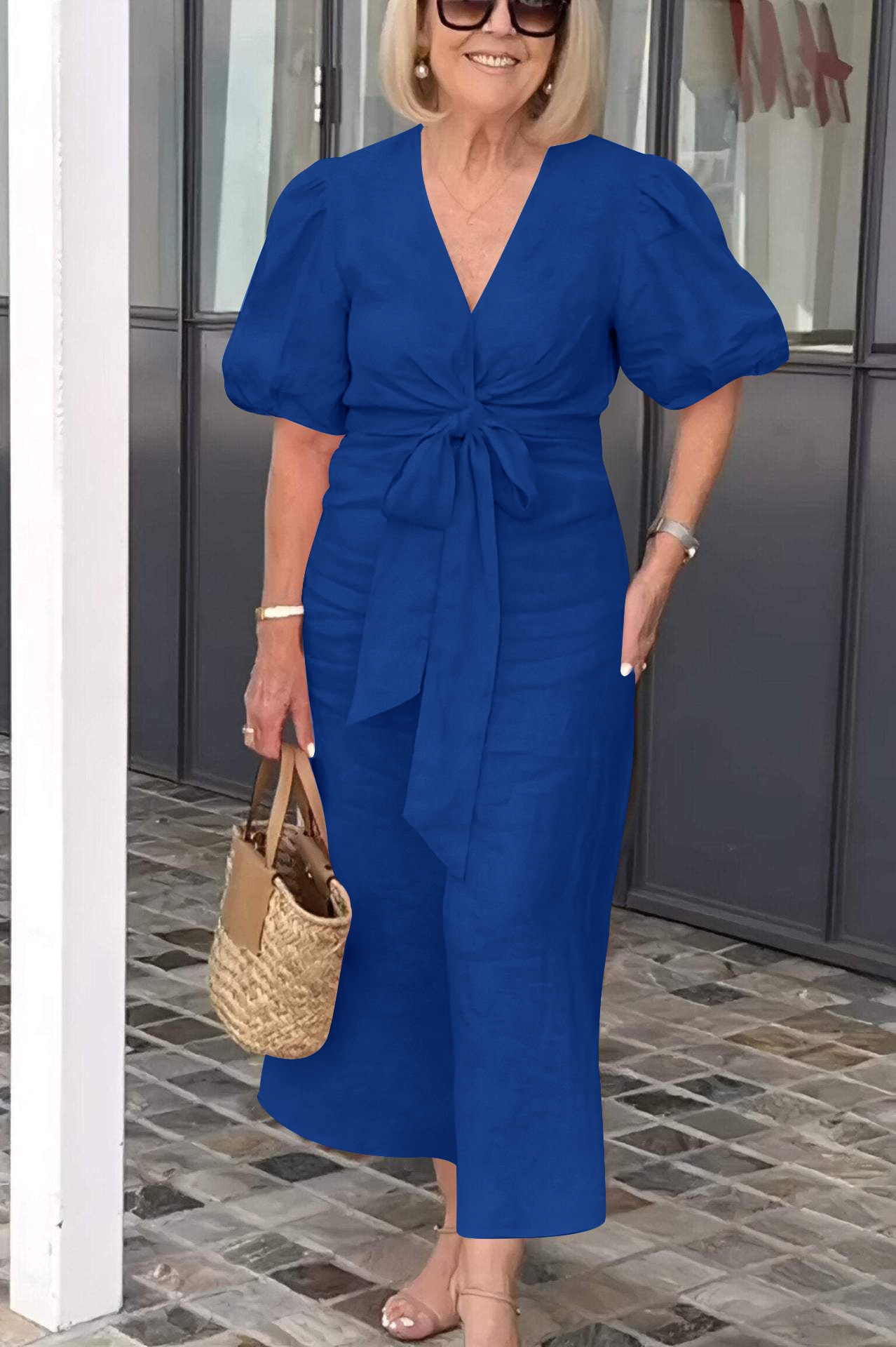 Elegant Puff Sleeve Tie Front Midi Dress (Buy 2 Free Shipping)