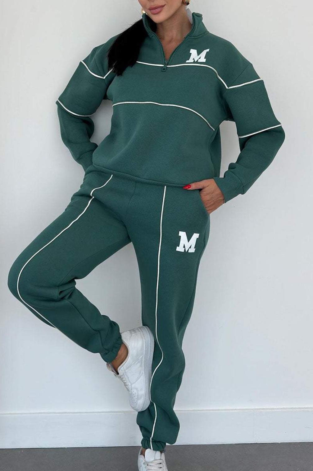Relaxed Zip Pullover Set with Contrast Trim (Buy 2 Free Shipping)