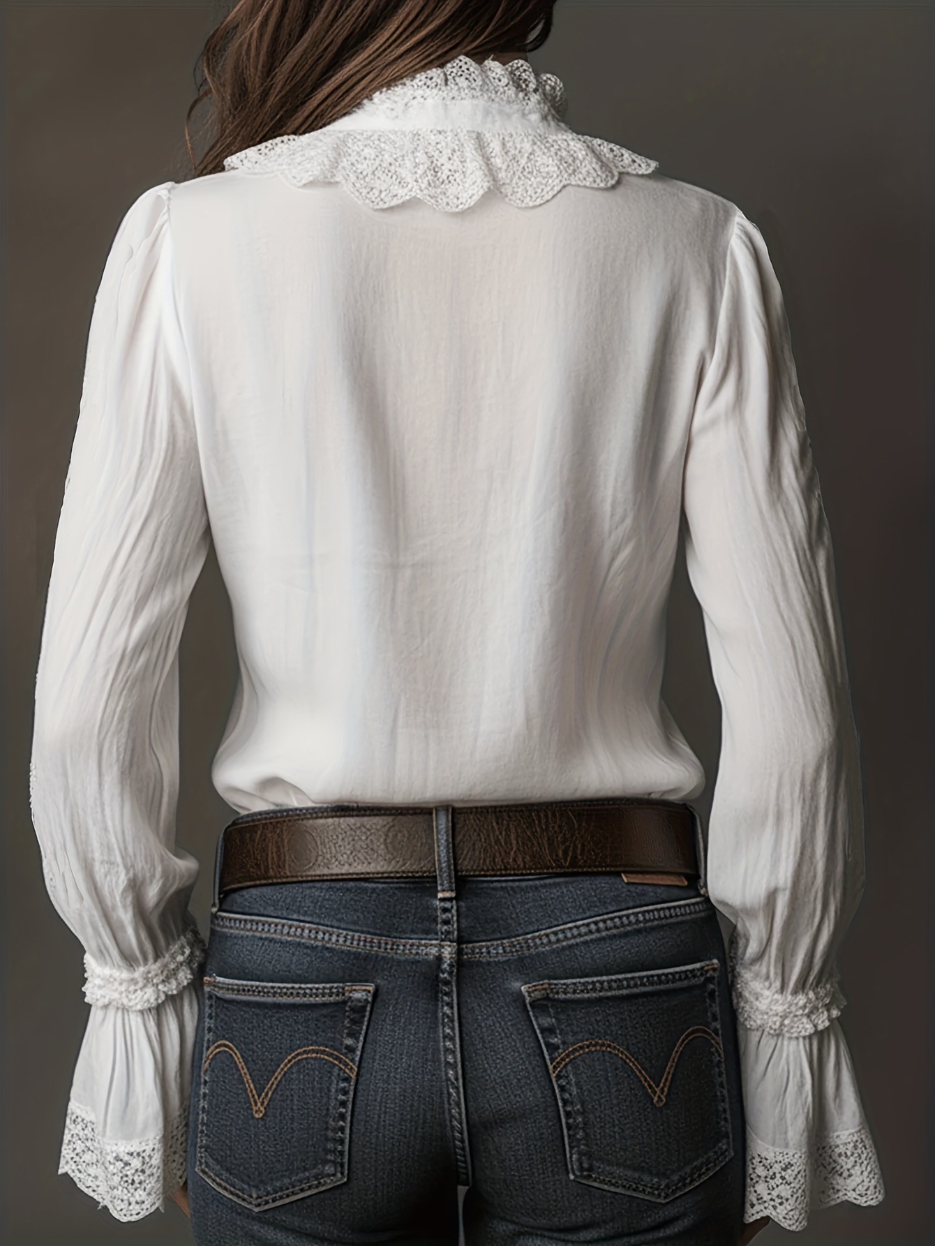 Romantic Lace Trim Ruffle Neck Elegant Long Sleeve Blouse