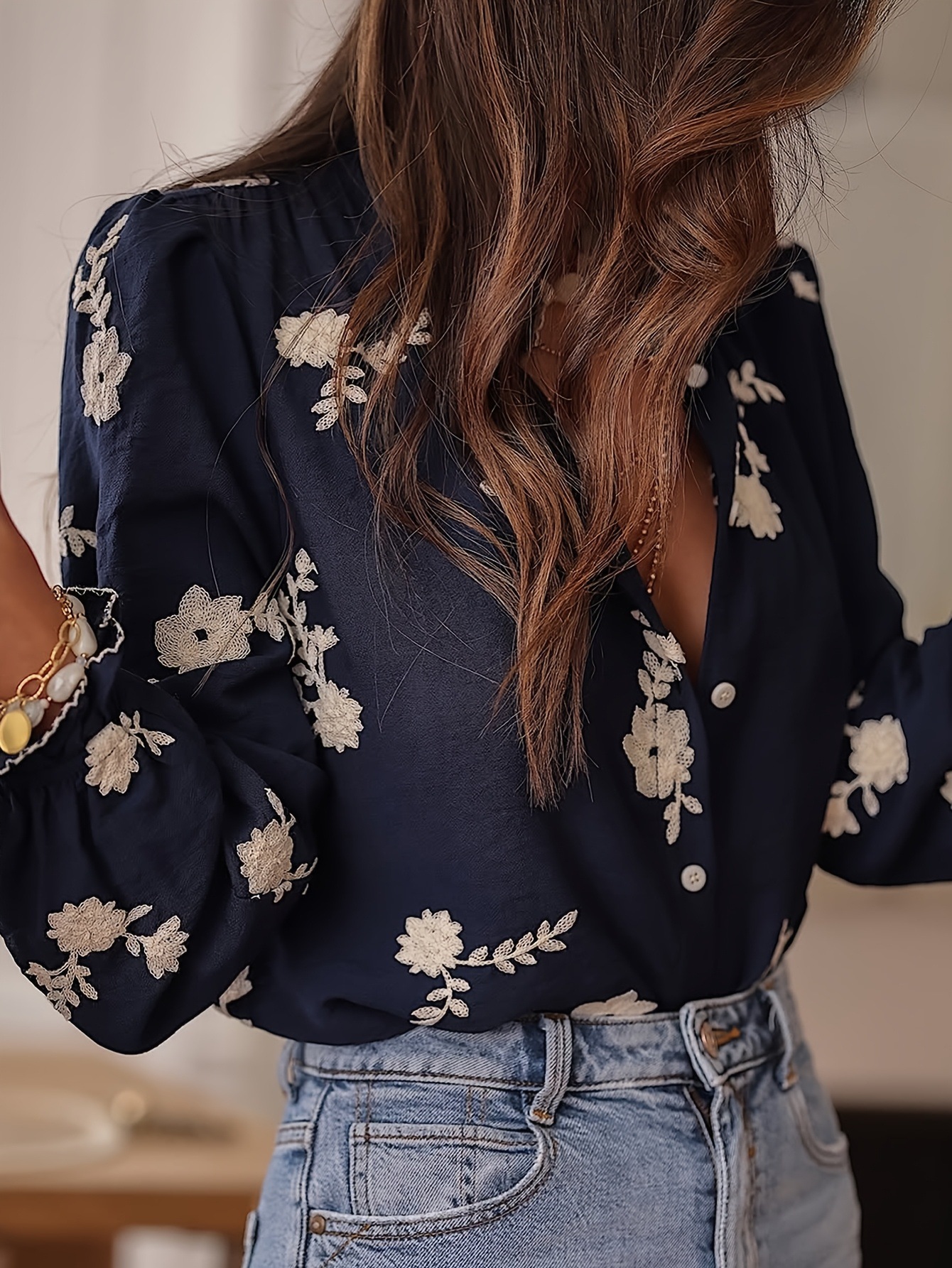 Elegant Floral Embroidery Ruffle Cuff Button Blouse