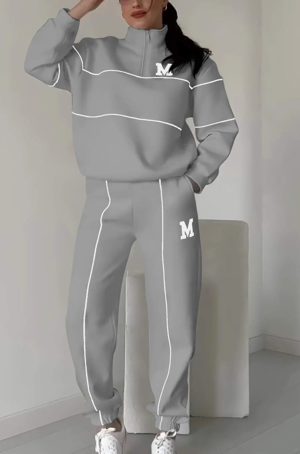 Relaxed Zip Pullover Set with Contrast Trim (Buy 2 Free Shipping)