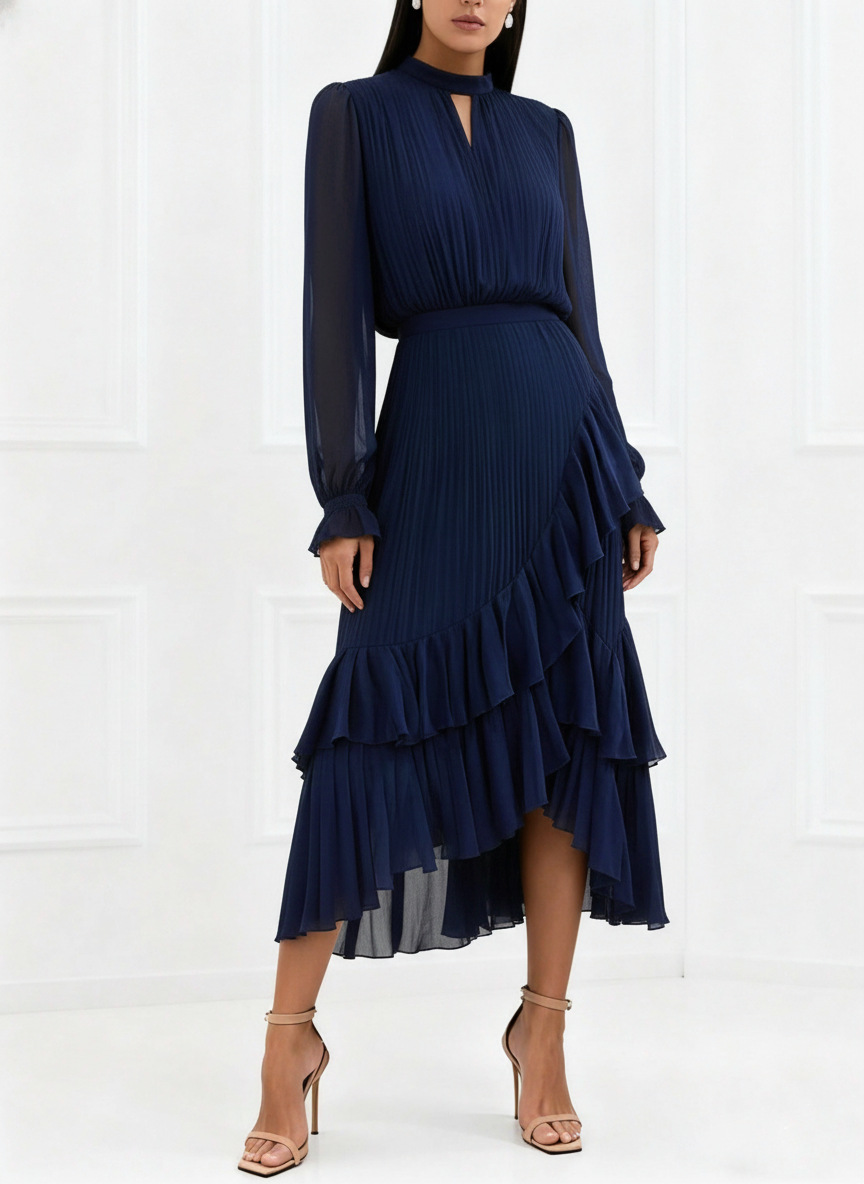 Elegant Pleated Ruffle Asymmetrical Long Sleeve Dress (Buy 2 Free Shipping)