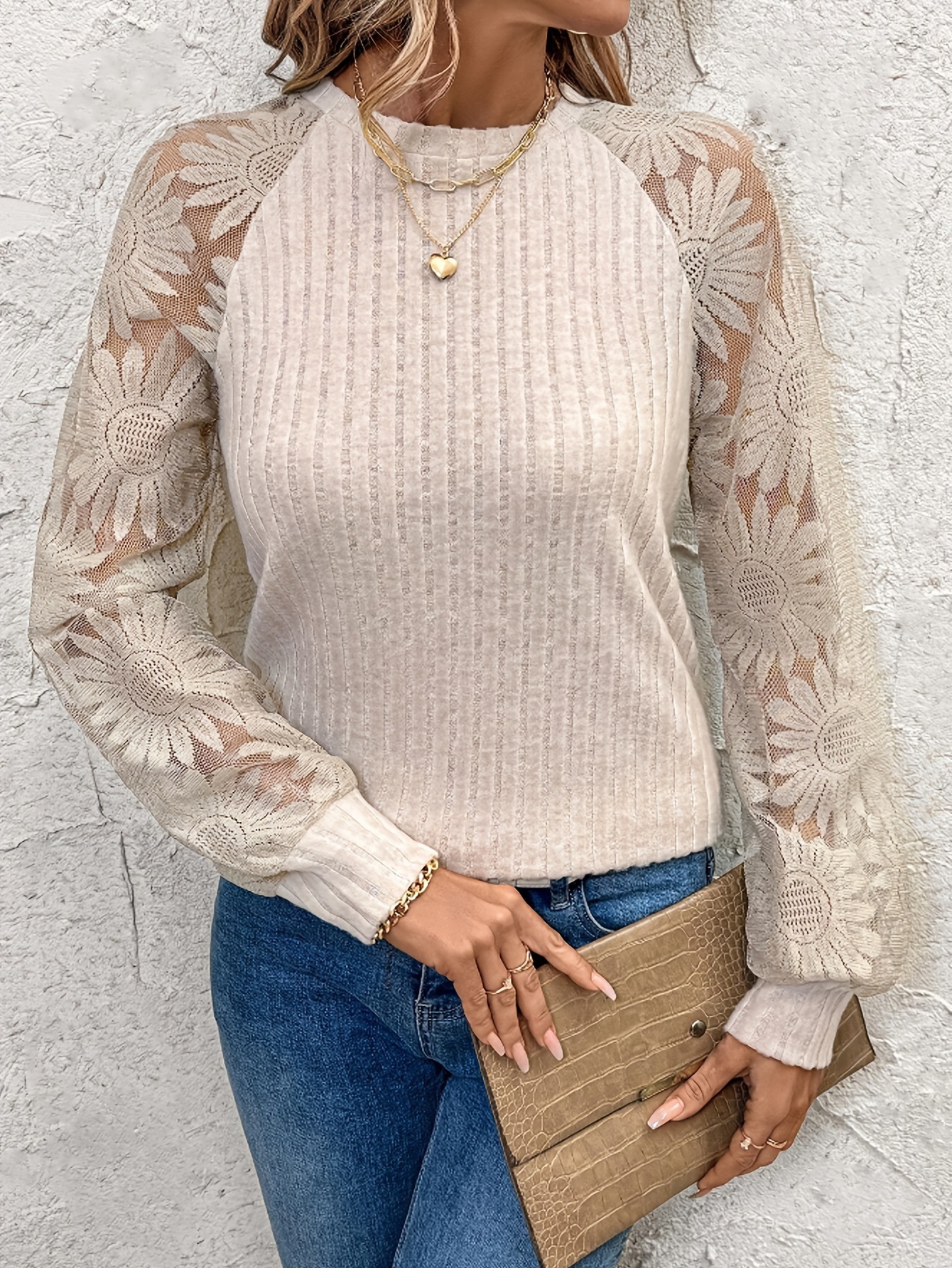 Elegant Textured Knit Lace Sleeve Top