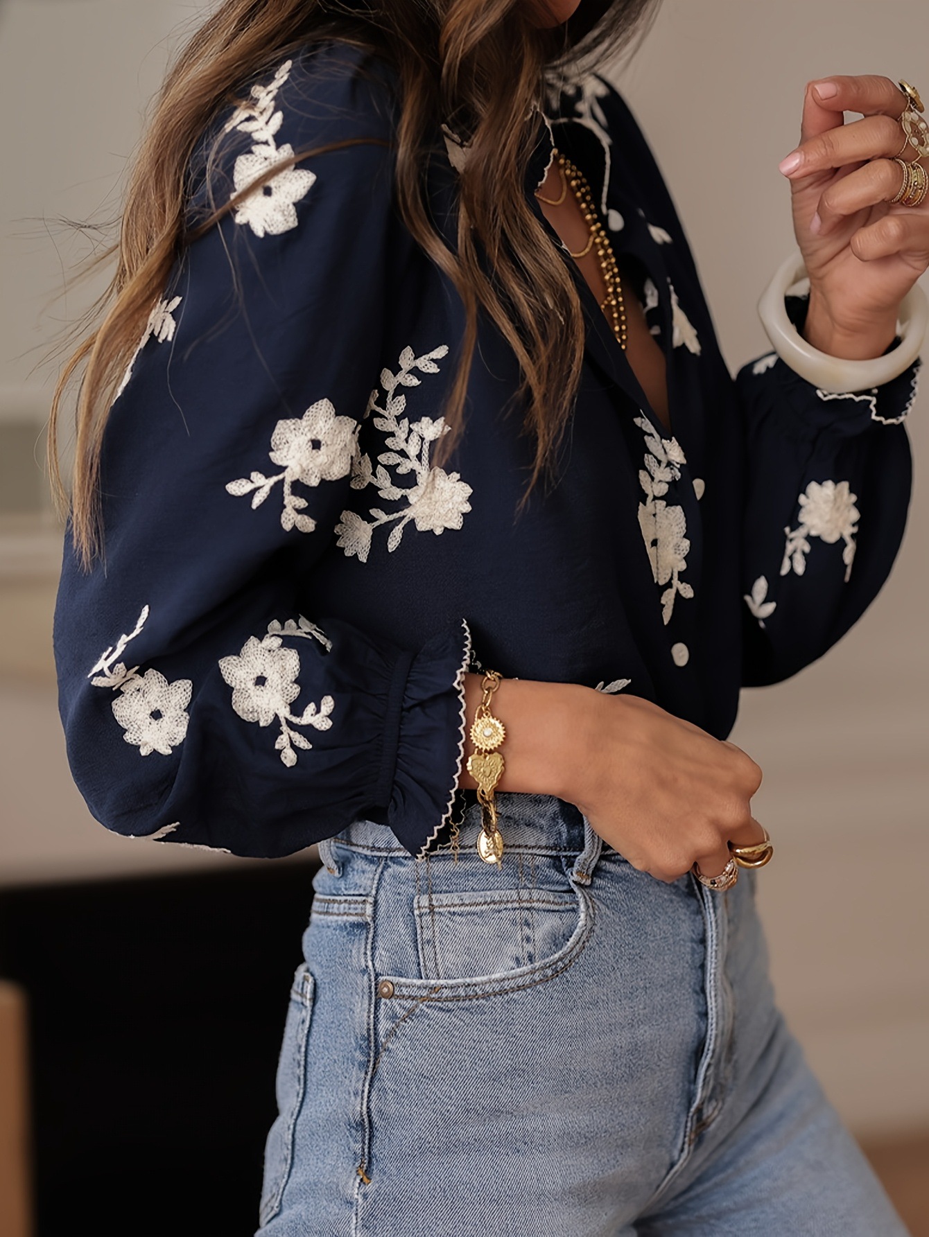 Elegant Floral Embroidery Ruffle Cuff Button Blouse