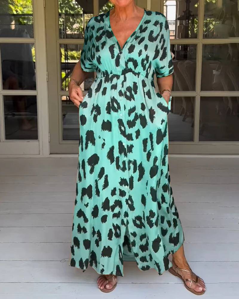 Leopard Print V-Neck Short Sleeve Pocket Maxi Dress