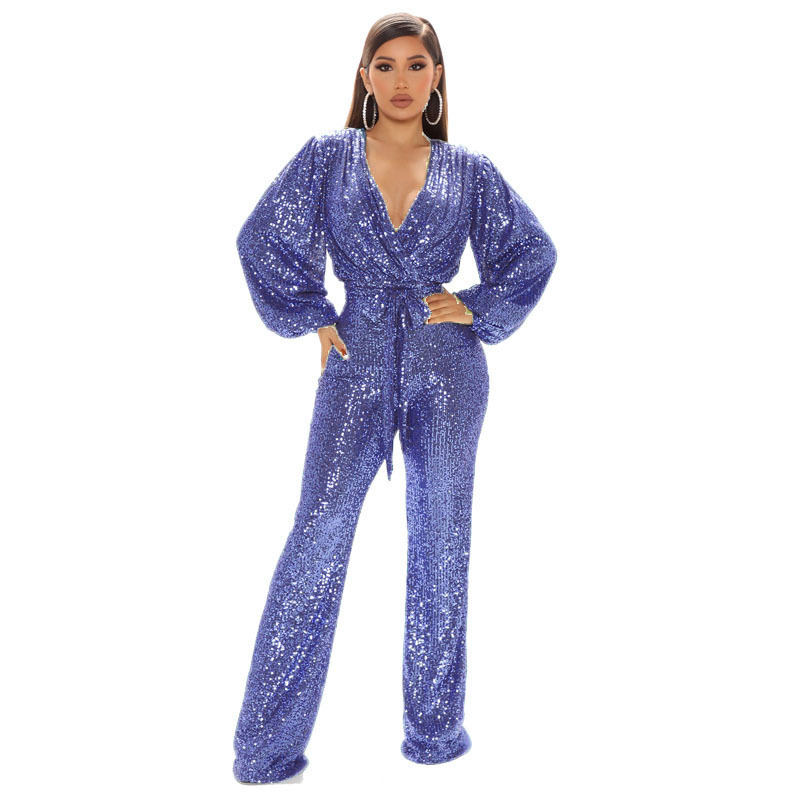 Sequins V Neck Regular Jumpsuits (Buy 2 Free Shipping)