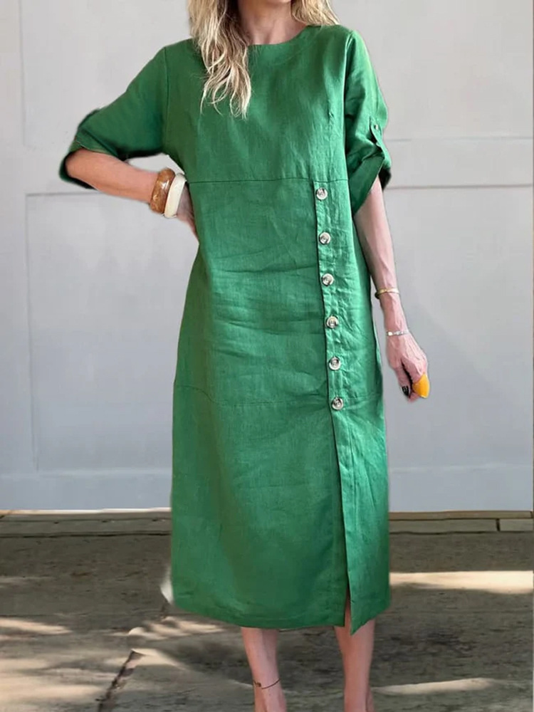 Linen Crew Neck Plain Short Sleeve Midi Dress