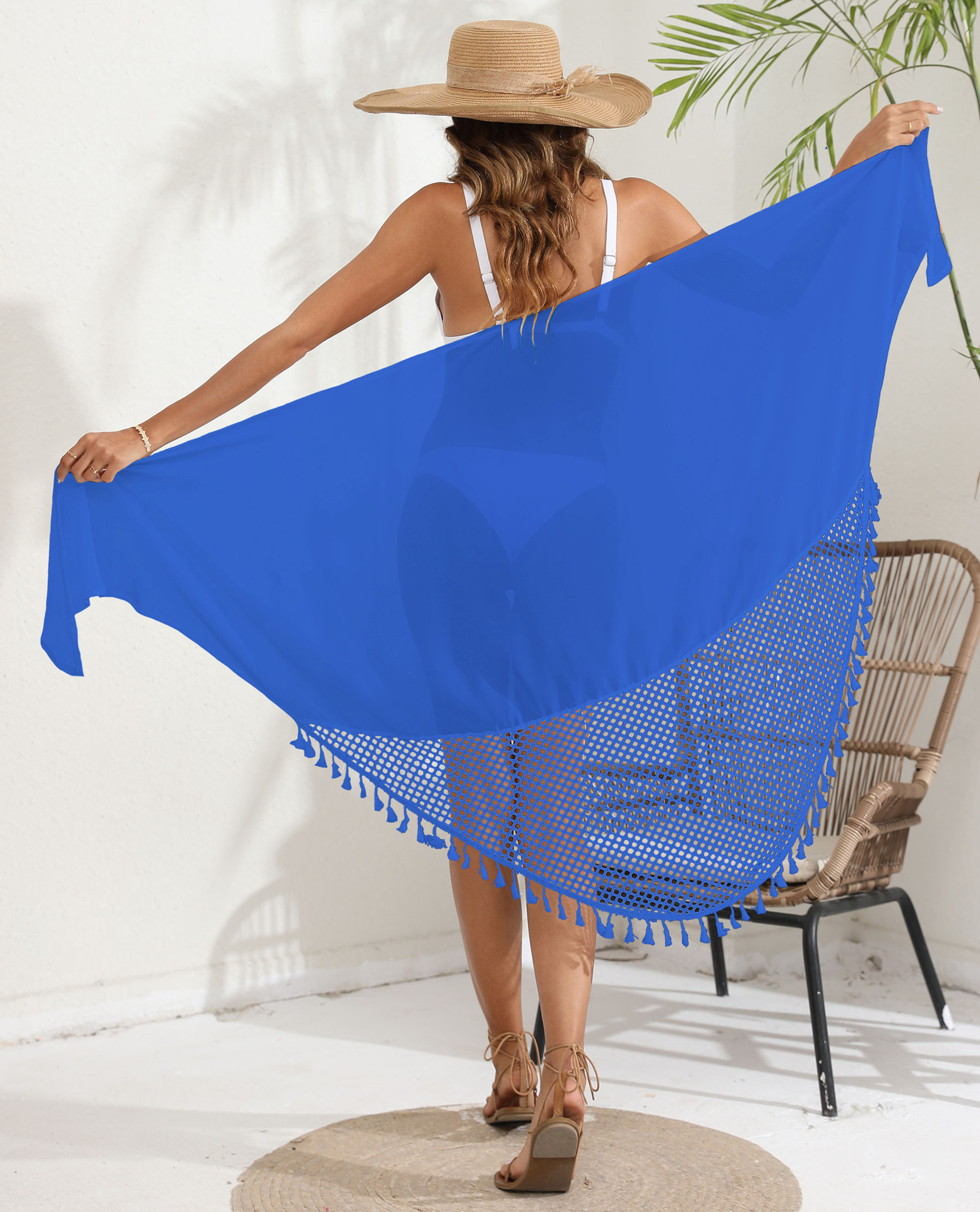 Tassel Trim Mesh Cover-Up Shawl