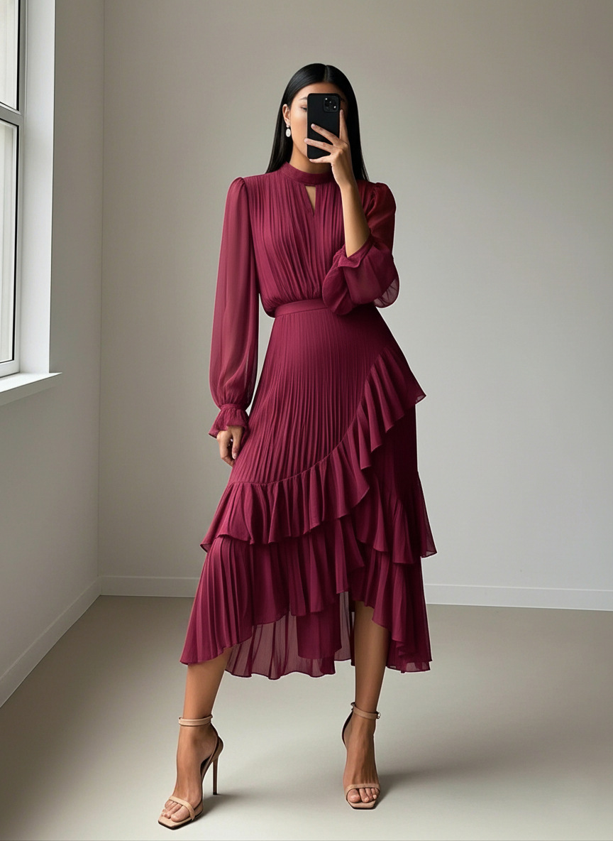 Elegant Pleated Ruffle Asymmetrical Long Sleeve Dress (Buy 2 Free Shipping)