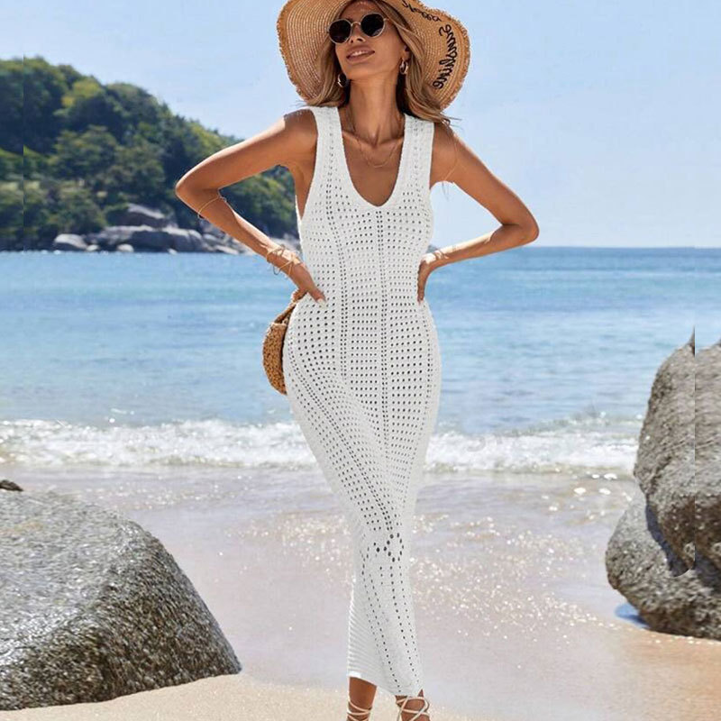 Elegant V-Neck Sleeveless Crochet Knit Maxi Dress