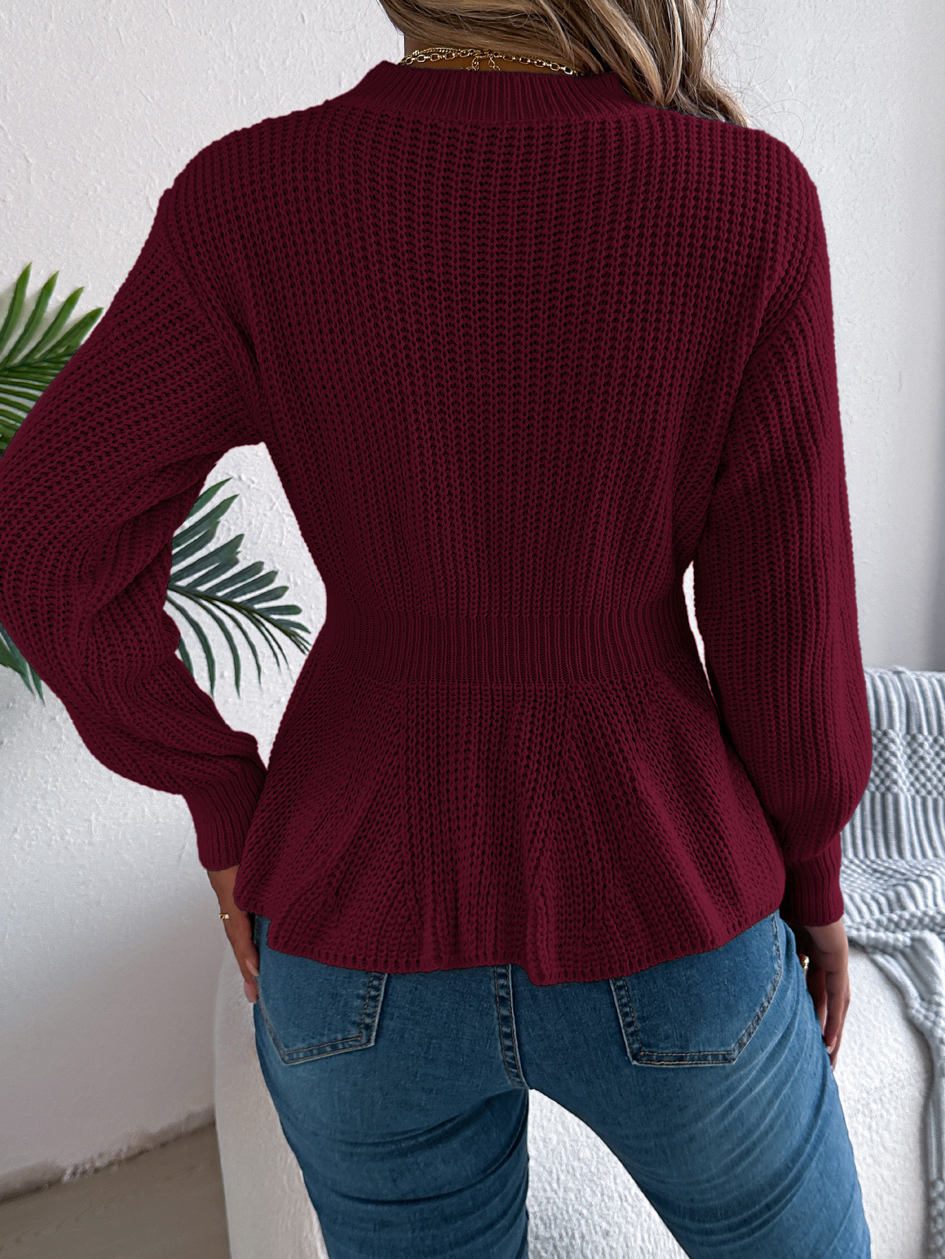 Textured Knit Waist Flare Hem Sweater Top 