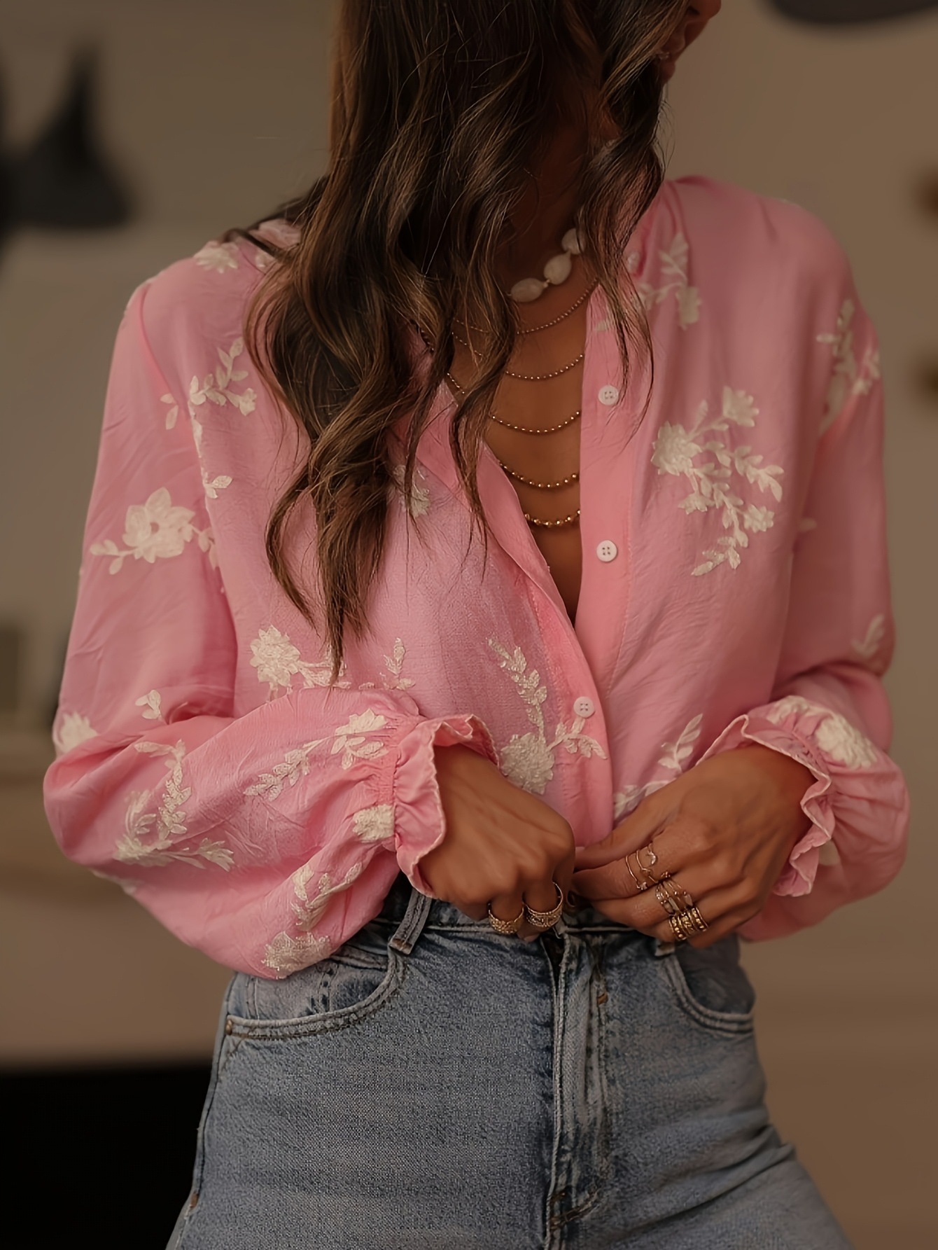 Elegant Floral Embroidery Ruffle Cuff Button Blouse