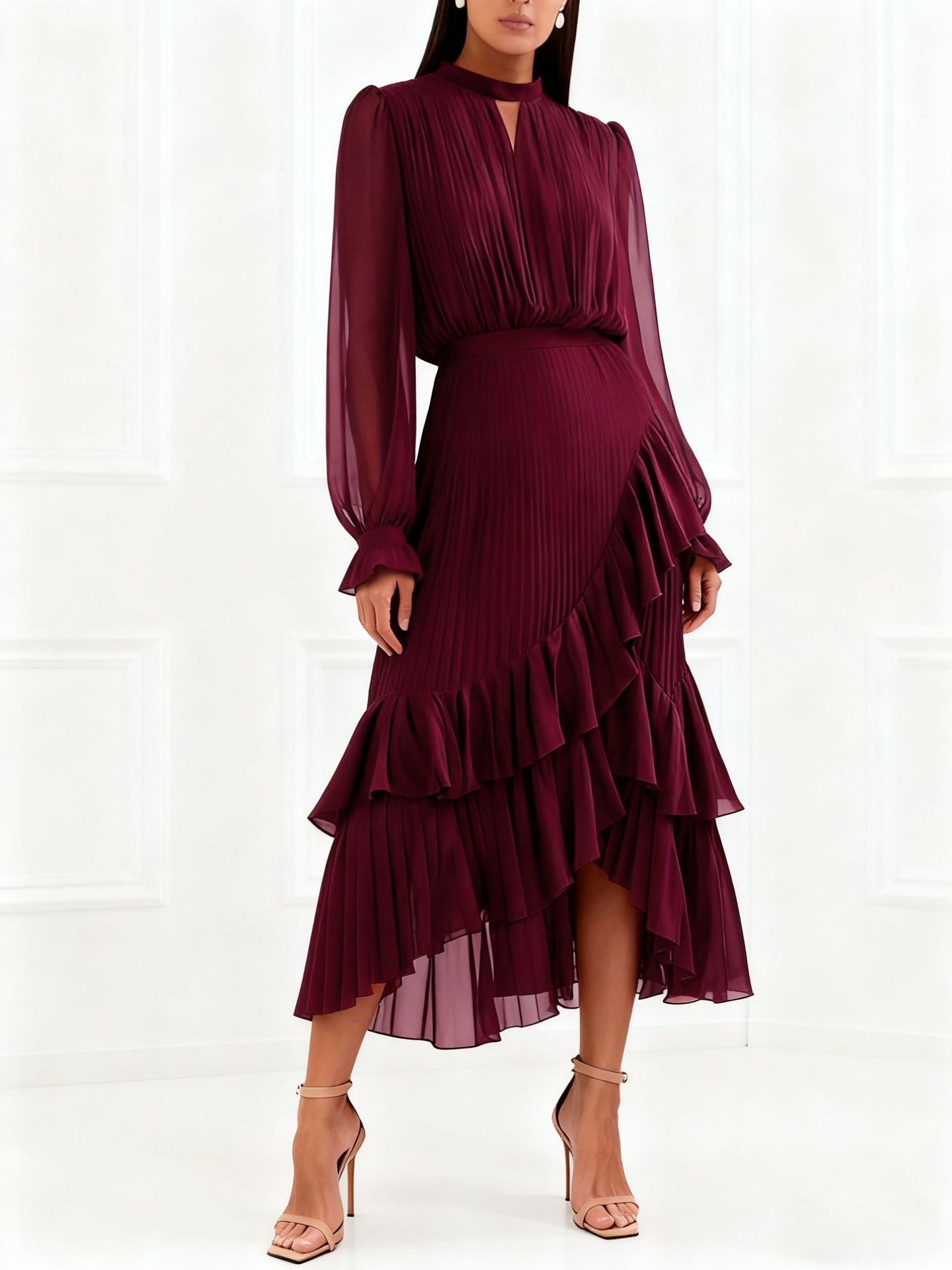 Elegant Pleated Ruffle Asymmetrical Long Sleeve Dress (Buy 2 Free Shipping)