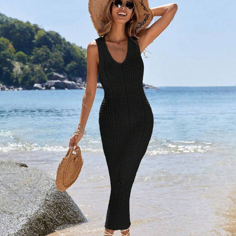 Elegant V-Neck Sleeveless Crochet Knit Maxi Dress