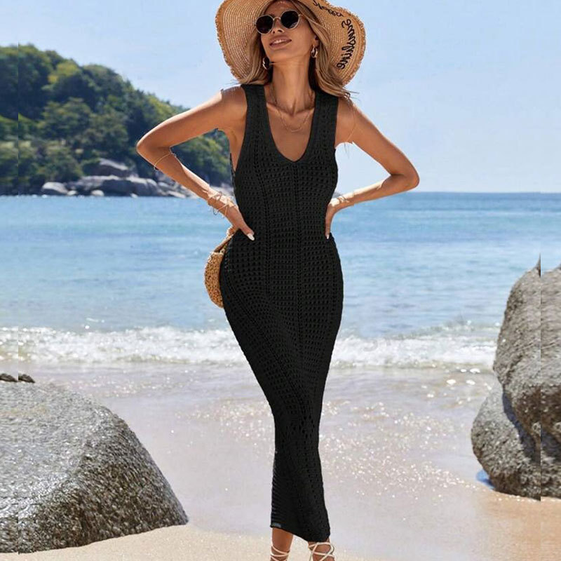 Elegant V-Neck Sleeveless Crochet Knit Maxi Dress