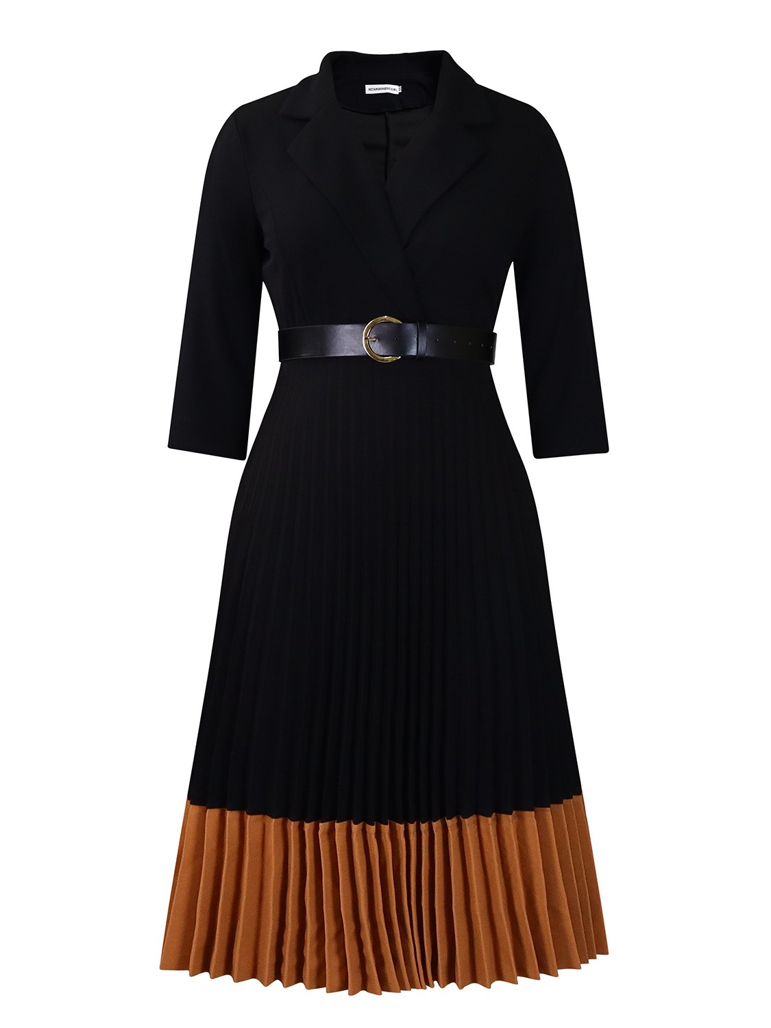 Elegant Colorblock Pleated Hem Midi Dress with Belt 