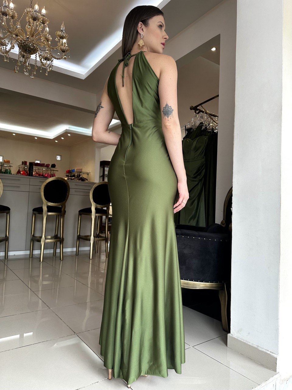 Satin Halter Gown with Ruched Waist and Open Back
