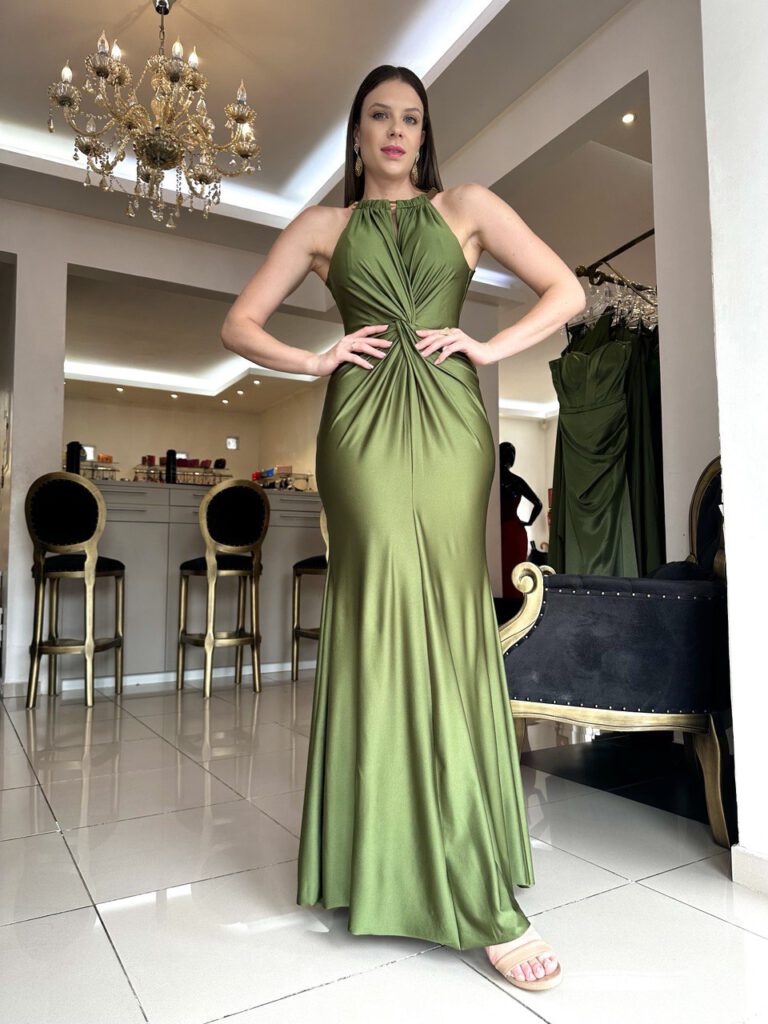 Satin Halter Gown with Ruched Waist and Open Back
