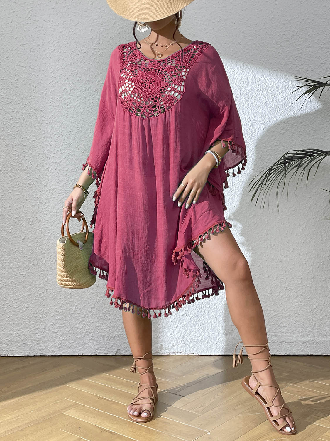 Boho Tassel Trim Crochet Yoke Loose Kaftan Dress
