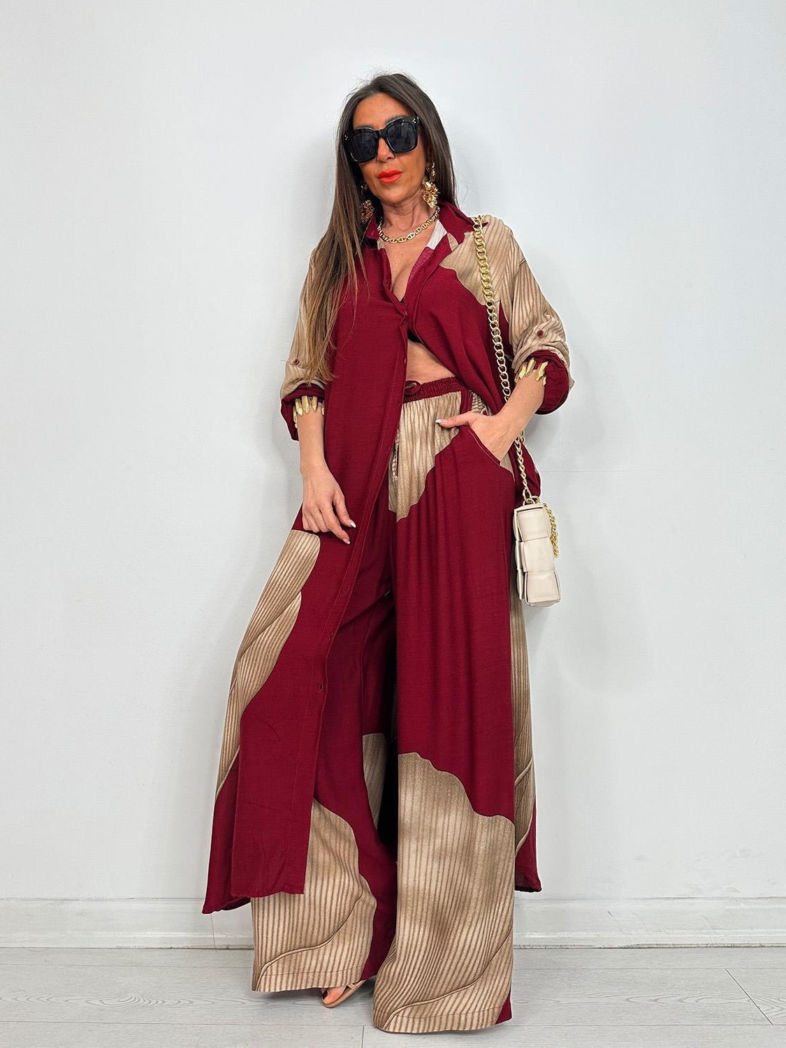 Chic Printed Longline Shirt & Wide-Leg Pants Two Piece Set (Buy 2 Free Shipping)
