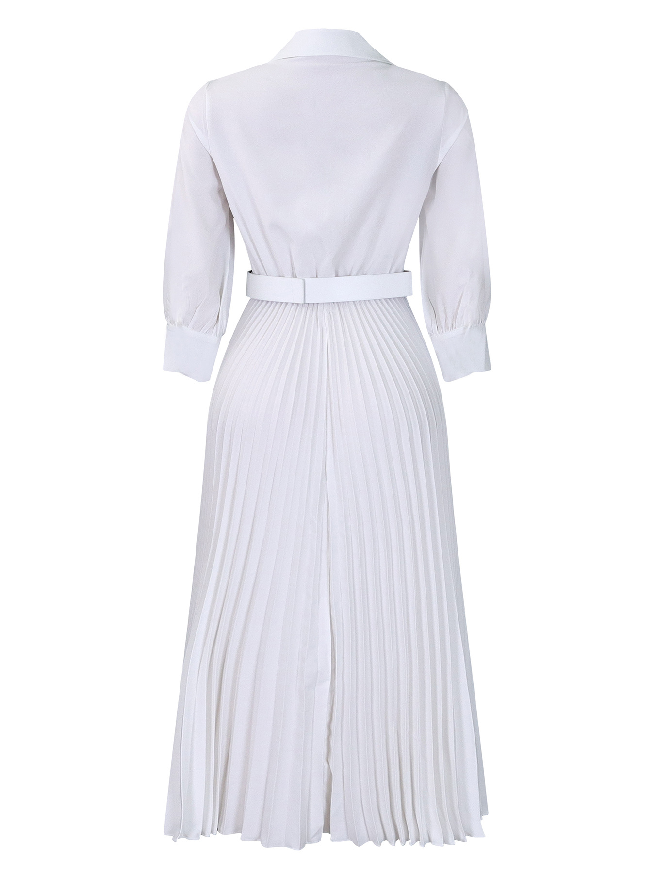 Chic V-Neck Belted Pleated Midi Dress with Puff Sleeves