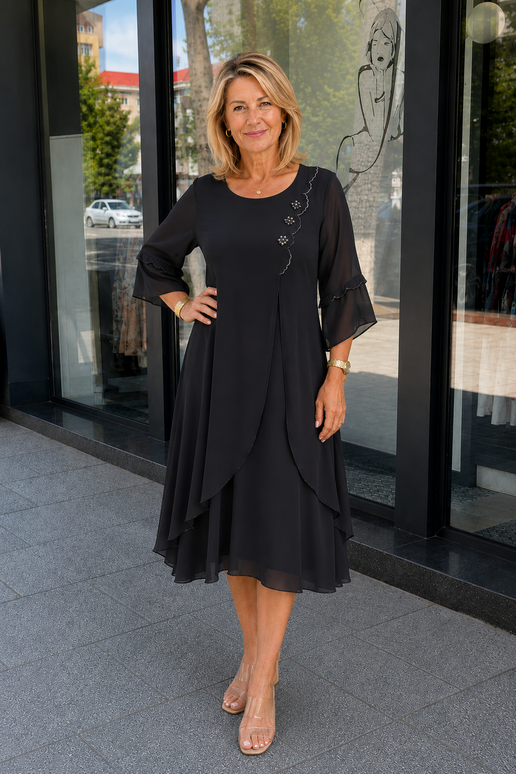 Elegant Layered Chiffon Embellished Dress