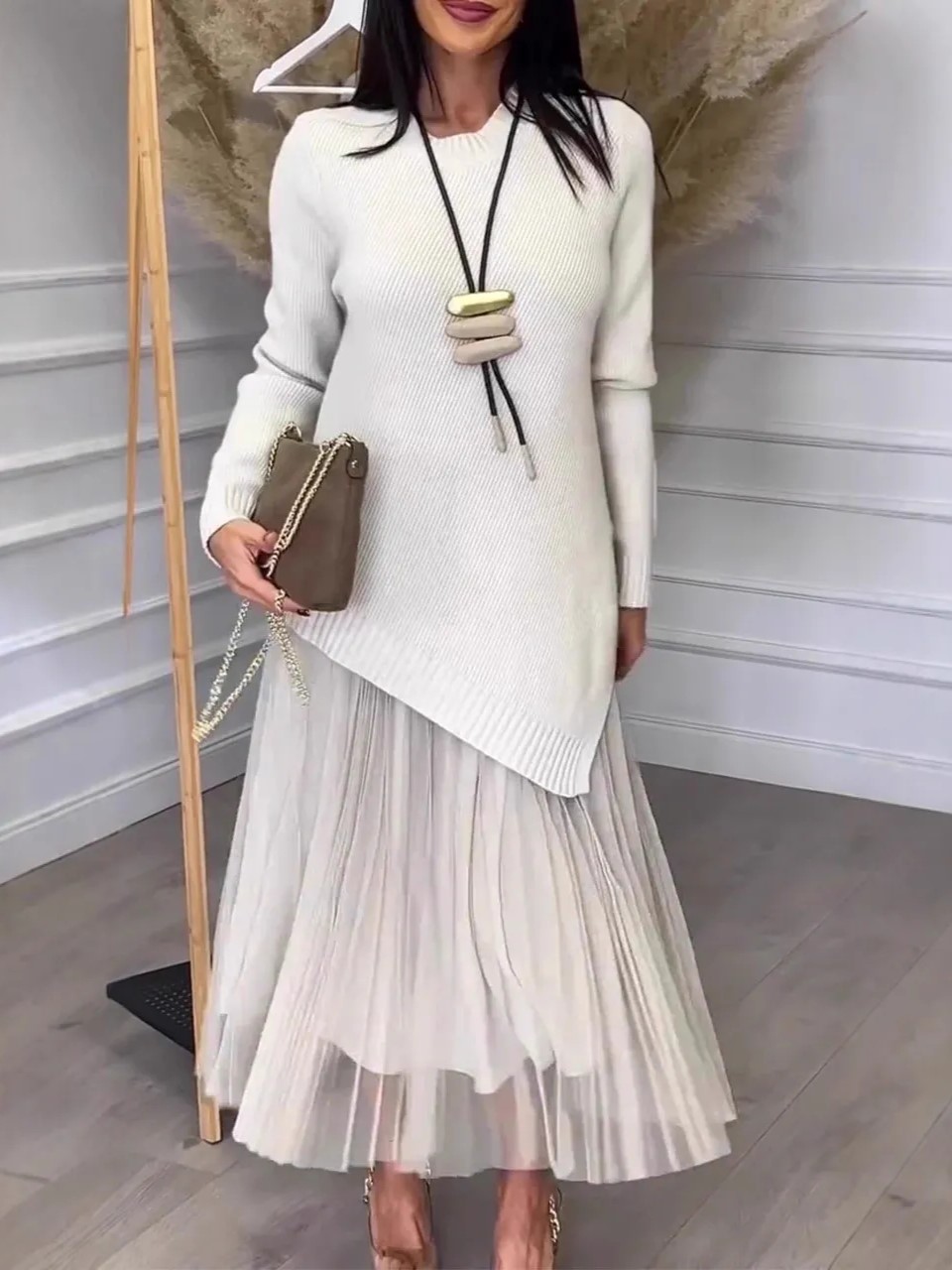 Elegant Pleated Maxi Dress with Asymmetric Knit Sweater Two-Piece Set (Buy 2 Free Shipping)