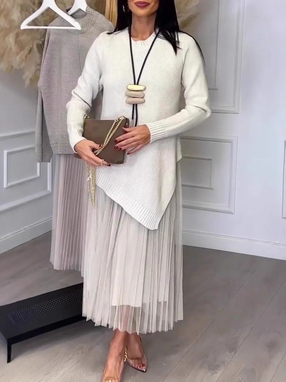 Elegant Pleated Maxi Dress with Asymmetric Knit Sweater Two-Piece Set (Buy 2 Free Shipping)