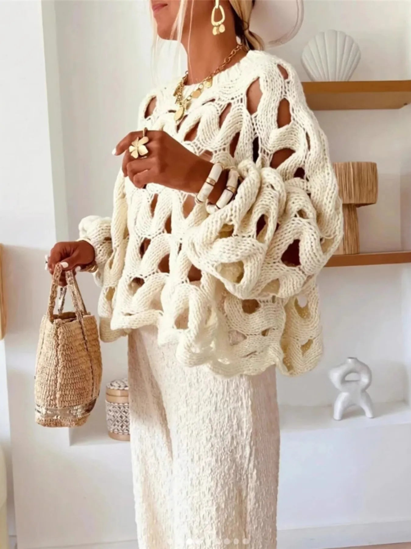Chunky Hollow Knit Balloon Sleeve Sweater