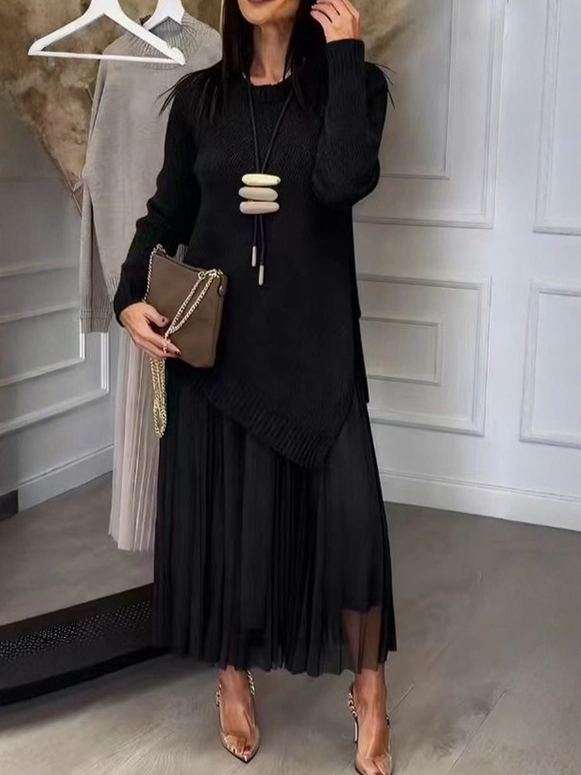 Elegant Pleated Maxi Dress with Asymmetric Knit Sweater Two-Piece Set (Buy 2 Free Shipping)