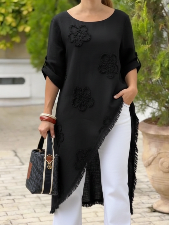 Elegant Floral Applique Asymmetric Hem Longline Tunic Top