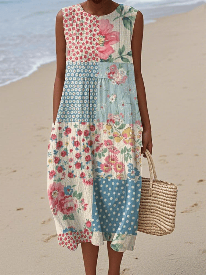 Vintage Patchwork Sleeveless Midi Dress (Buy 2 Free Shipping)