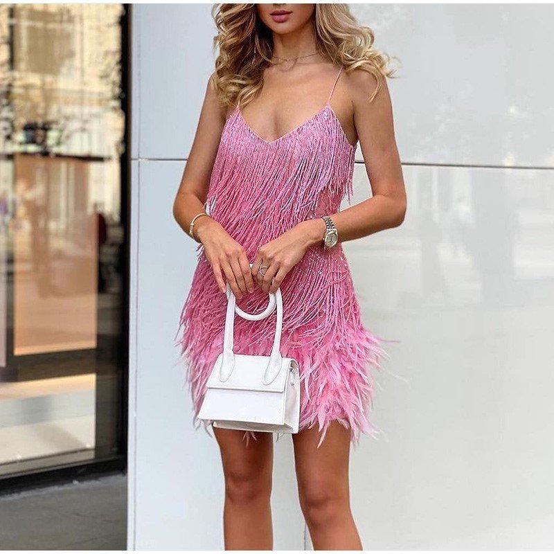 Feather Fringe Sequin Spaghetti Strap Dress