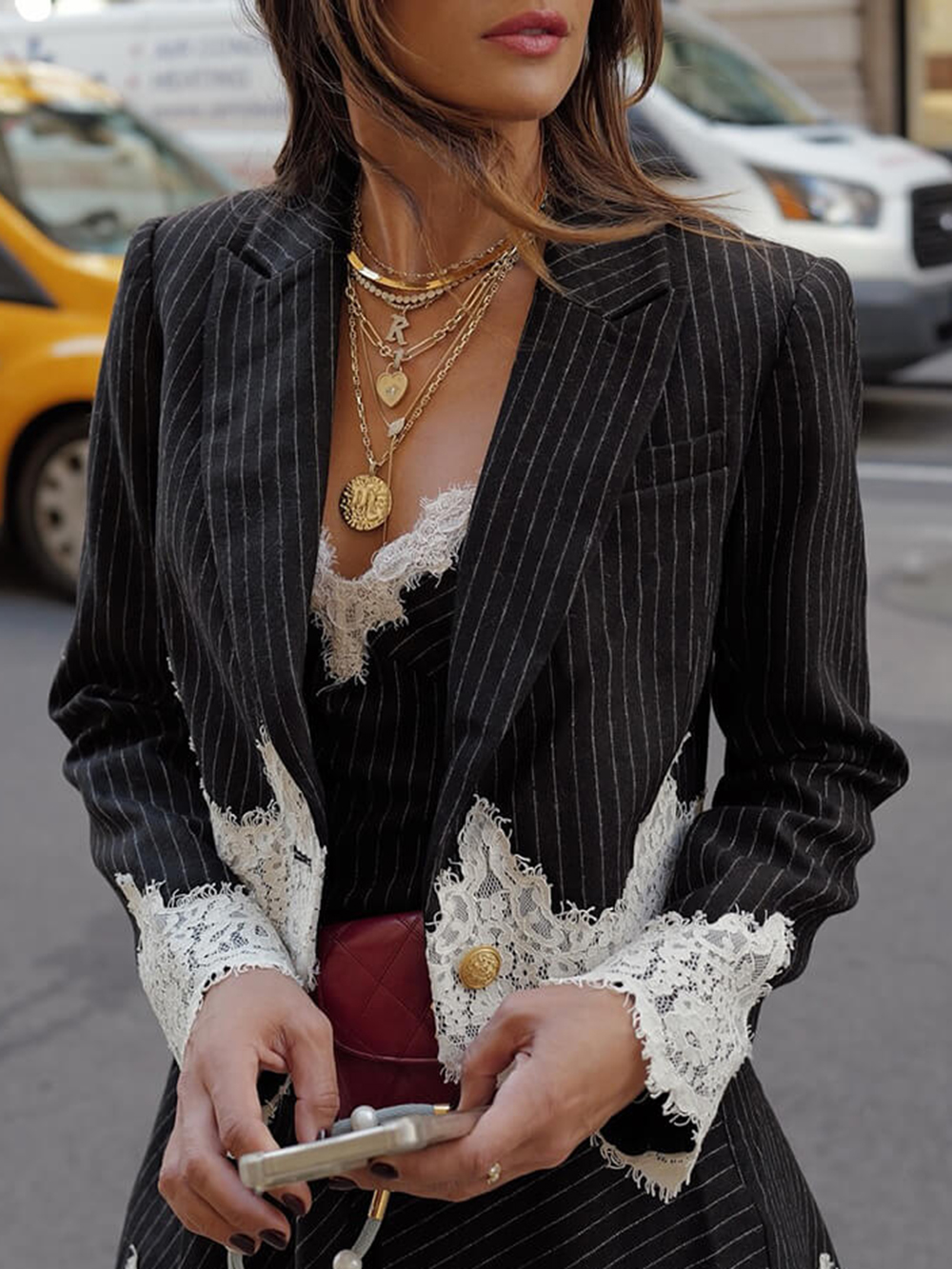 Classic Striped Lace Trim Blazer & Mini Dress