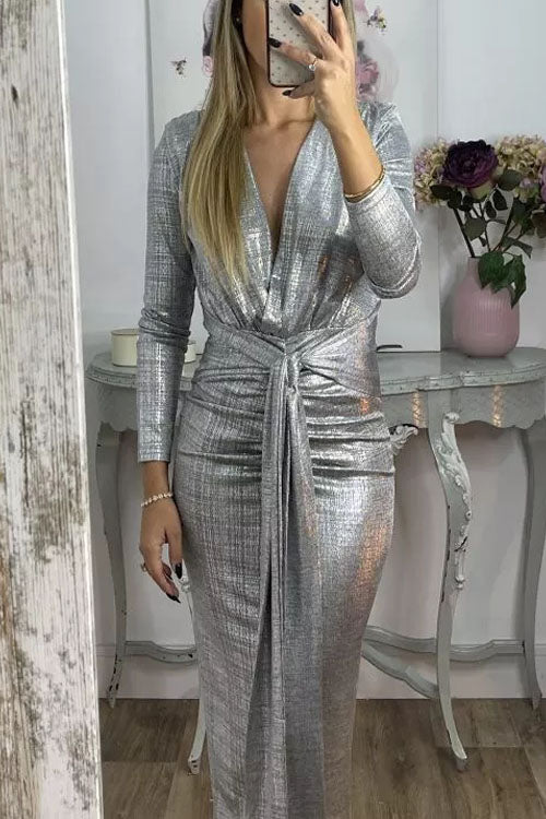 Shiny Lady Metallic Fabric Padded Long Sleeve Tie-up Ruched Midi Dress (Buy 2 Free Shipping)