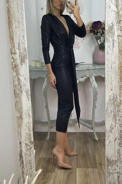 Shiny Lady Metallic Fabric Padded Long Sleeve Tie-up Ruched Midi Dress (Buy 2 Free Shipping)