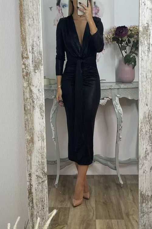 Shiny Lady Metallic Fabric Padded Long Sleeve Tie-up Ruched Midi Dress (Buy 2 Free Shipping)