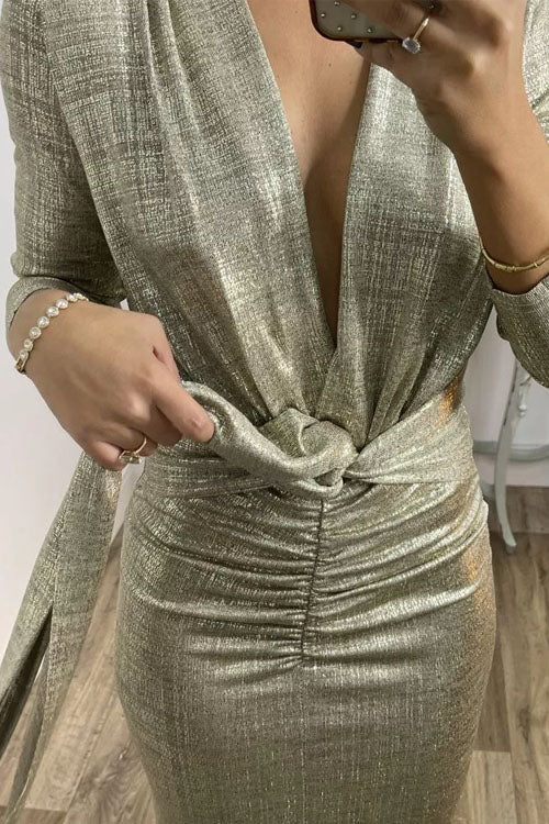 Shiny Lady Metallic Fabric Padded Long Sleeve Tie-up Ruched Midi Dress (Buy 2 Free Shipping)