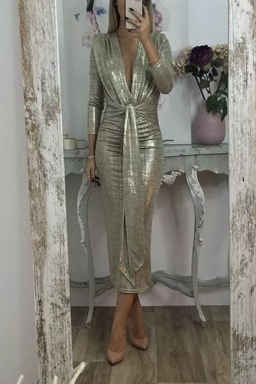 Shiny Lady Metallic Fabric Padded Long Sleeve Tie-up Ruched Midi Dress (Buy 2 Free Shipping)