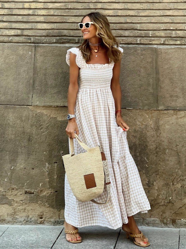 Flowy Smocked Gingham Square-Neck Maxi Dress