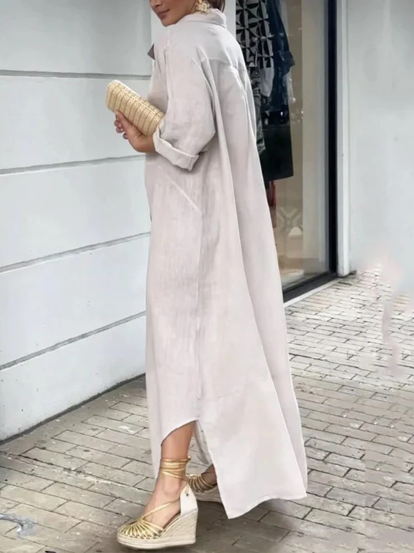 Elegant Linen-Blend Button-Down Maxi Dress with Rolled Sleeves